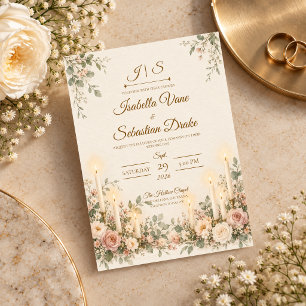 Convites Casamento Floral Cor-de-Rosa com Velas Elegantes