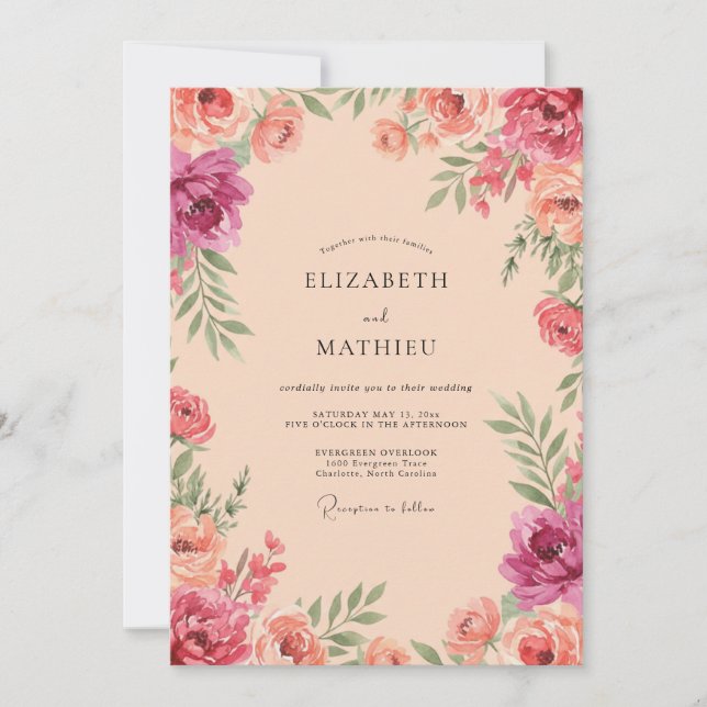 Convites Casamento Floral Cor-de-Rosa Coral (Frente)
