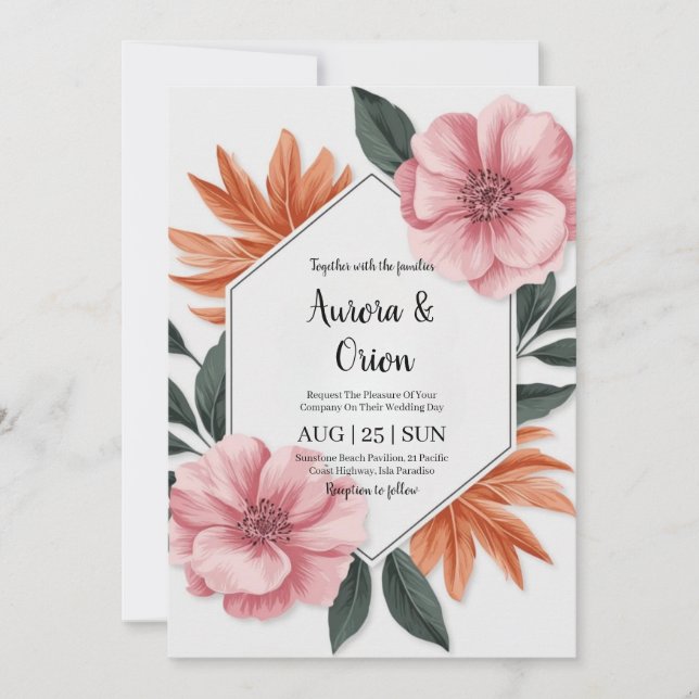 Convites casamento floral cor-de-rosa e laranja (Frente)