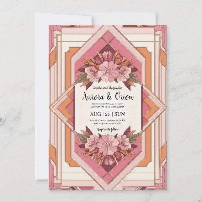 Convites casamento floral cor-de-rosa e laranja (Frente)