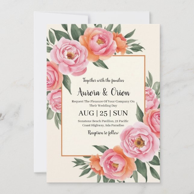Convites casamento floral cor-de-rosa e laranja (Frente)