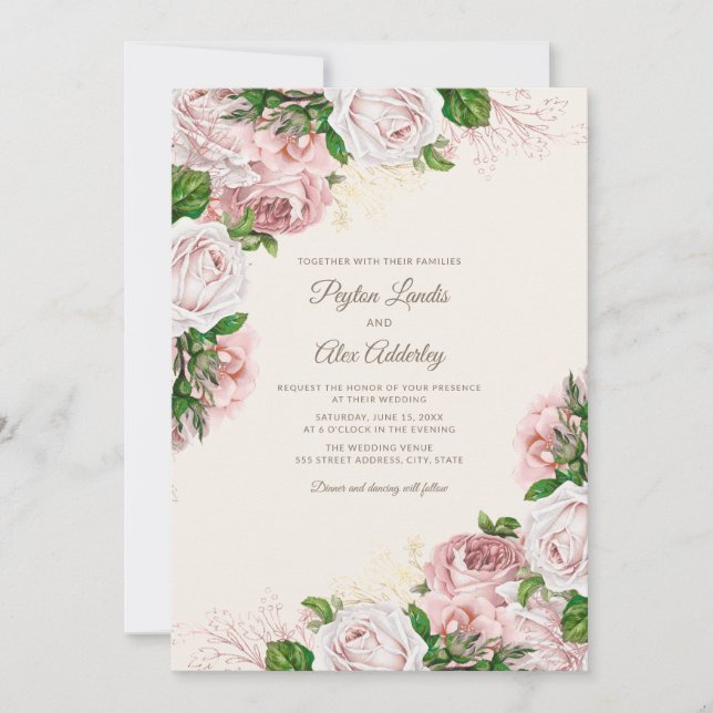 Convites Casamento Floral Cor-de-Rosa Elegante Vintage (Frente)