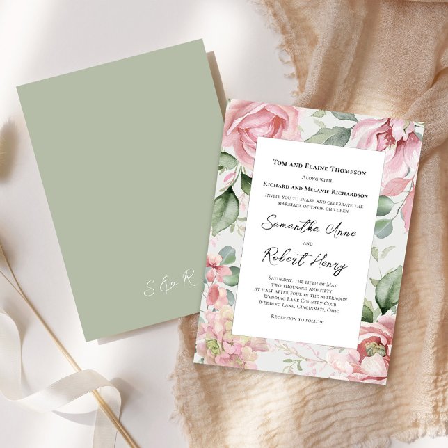 Convites Casamento Floral Cor-de-Rosa Esmagada Elegante (Elegant blush pink floral with save green background wedding invitations. )