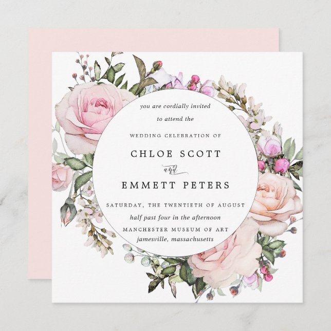 Convites Casamento Floral Cor-de-Rosa Esmagada Elegante (Frente/Verso)