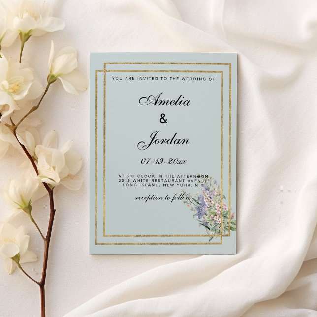 Convites Casamento floral cor-de-rosa lavanda Pastel azul e (Pastel blue and gold lavender pink floral Wedding )