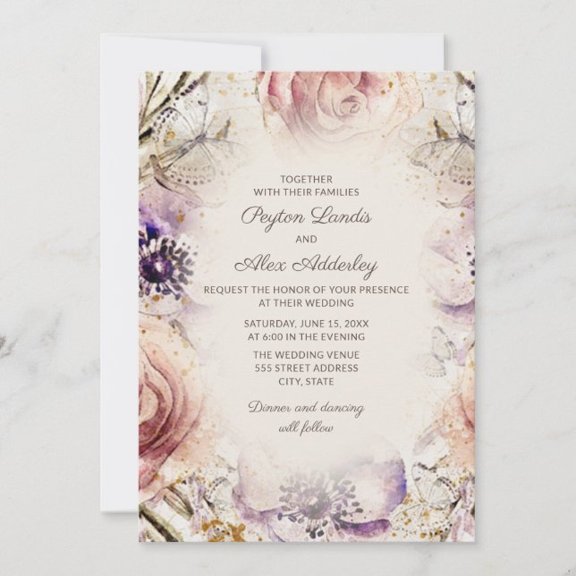 Convites Casamento Floral Cor-de-Rosa Púrpura Elegante (Frente)