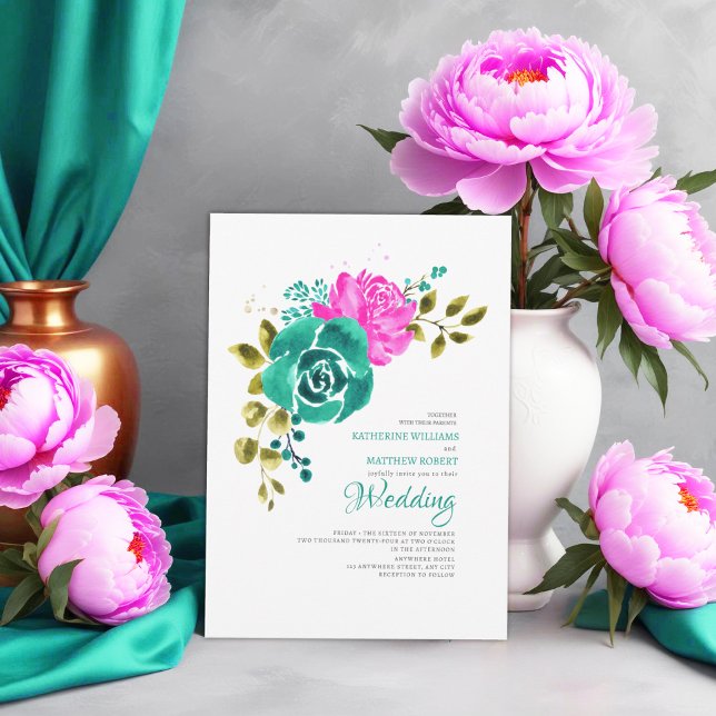 Convites Casamento Floral Cor-de-Rosa Teal Bright (Criador carregado)