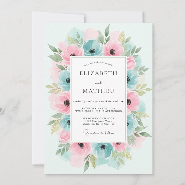Convites Casamento Floral Cor-de-Teal Rosa (Frente)