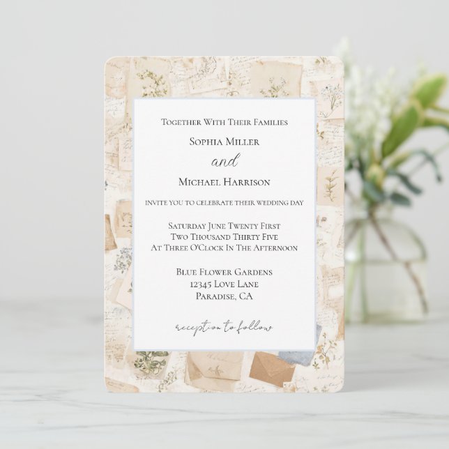 Convites Casamento Floral Coração Envelope Azul Claro Franc (Em pé/Frente)