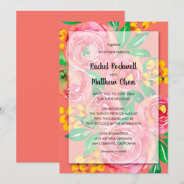 Convites Casamento Floral Coral Amarelo Rosa (Frente/Verso)