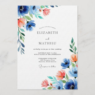 Convites Casamento Floral Coral Azul
