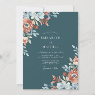 Convites Casamento Floral Coral Azul Empoeirado