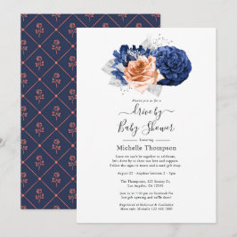 Convites Casamento Floral Coral, Azul Marinho e Prata
