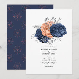 Convites Casamento Floral Coral, Azul Marinho e Prata