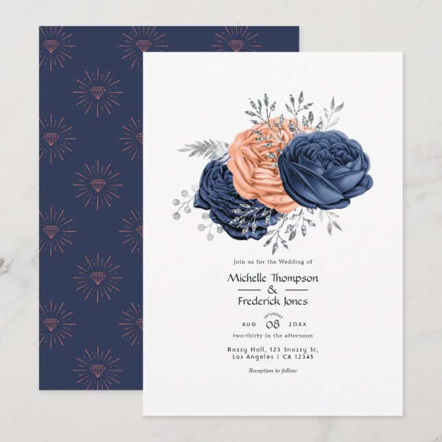 Convites Casamento Floral Coral, Azul Marinho e Prata (Frente/Verso)
