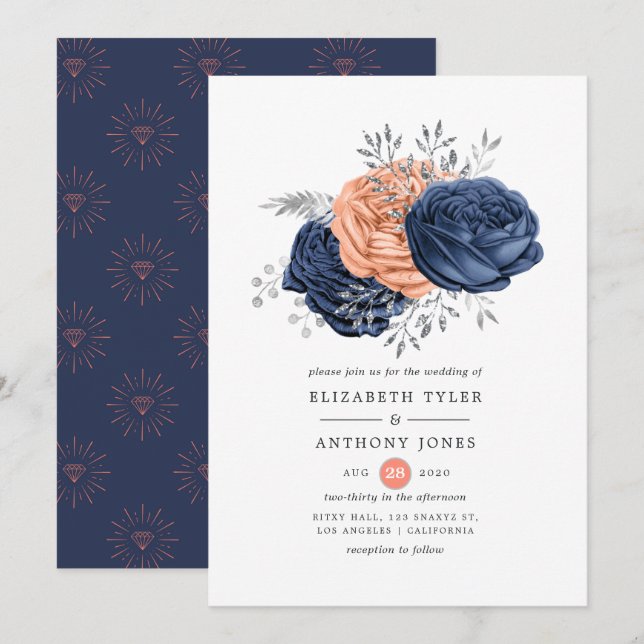 Convites Casamento Floral Coral, Azul Marinho e Prata (Frente/Verso)