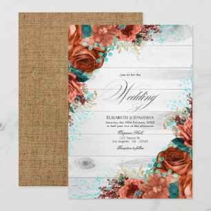 Convites Casamento Floral Coral e Azul Turquesa em Celeiro 