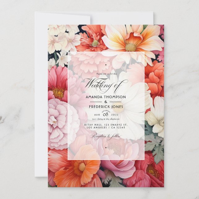 Convites Casamento Floral Coral e Branco (Frente)