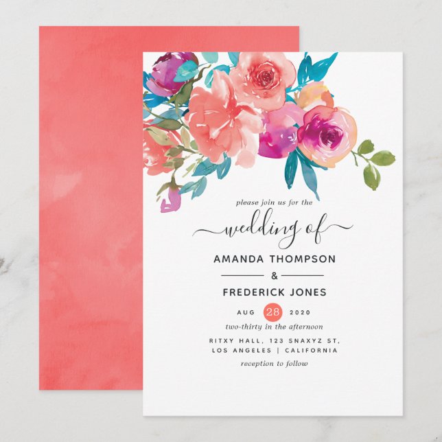 Convites Casamento Floral Coral e Fandango (Frente/Verso)