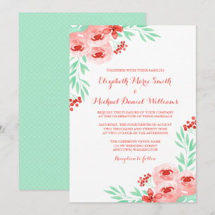 Convites Casamento Floral Coral e Mint Watercolor