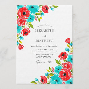 Convites Casamento Floral Coral e Turquesa Caprichoso