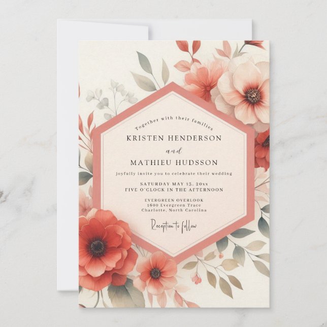 Convites Casamento Floral Coral em Flor (Frente)