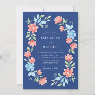 Convites Casamento Floral Coral Marinho