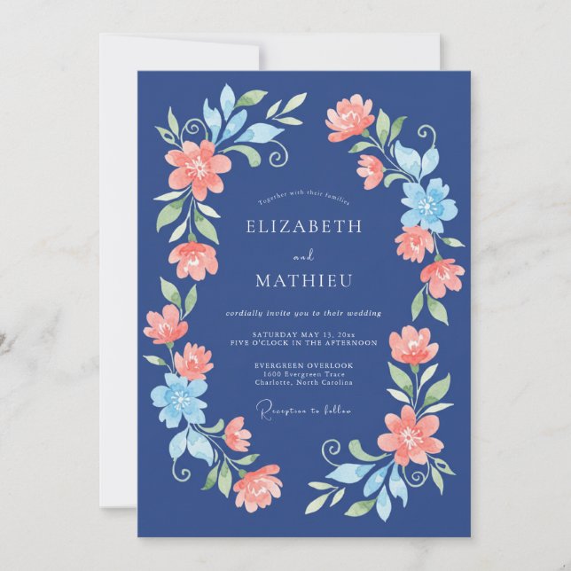 Convites Casamento Floral Coral Marinho (Frente)