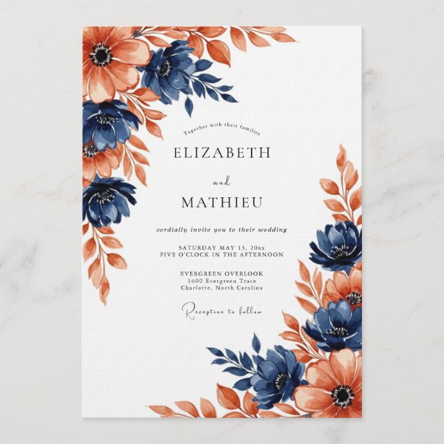 Convites Casamento Floral Coral Marinho Pintado (Frente)