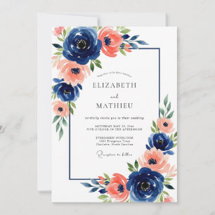 Convites Casamento Floral Coral Navy Bloom