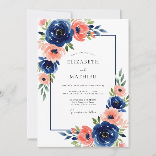 Convites Casamento Floral Coral Navy Bloom (Frente)