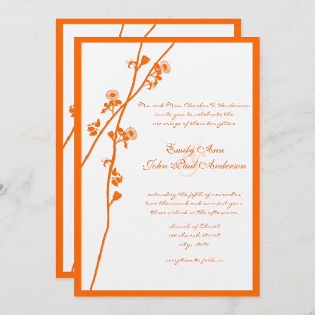 Convites Casamento Floral Coral Orange Wildflower (Frente/Verso)