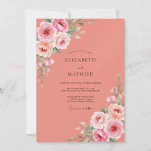 Convites Casamento Floral Coral Pintado