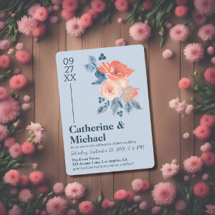 Convites Casamento Floral Coral Rosa e Azul Dusty