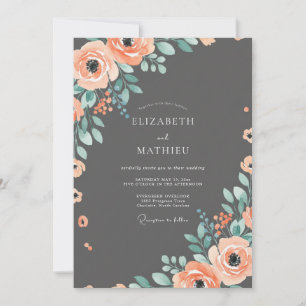 Convites Casamento Floral Coral Sofisticado com Carvão