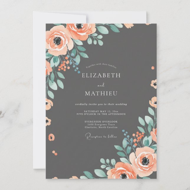 Convites Casamento Floral Coral Sofisticado com Carvão (Frente)