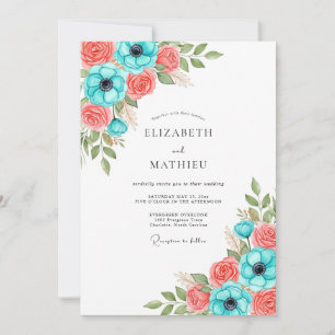 Convites Casamento Floral Coral Turquesa