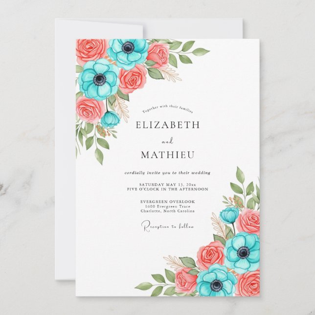 Convites Casamento Floral Coral Turquesa (Frente)