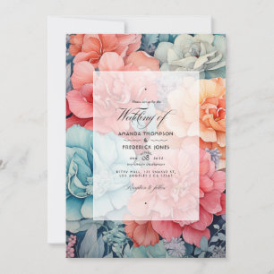 Convites Casamento Floral Coral, Turquesa e Cinza Claro