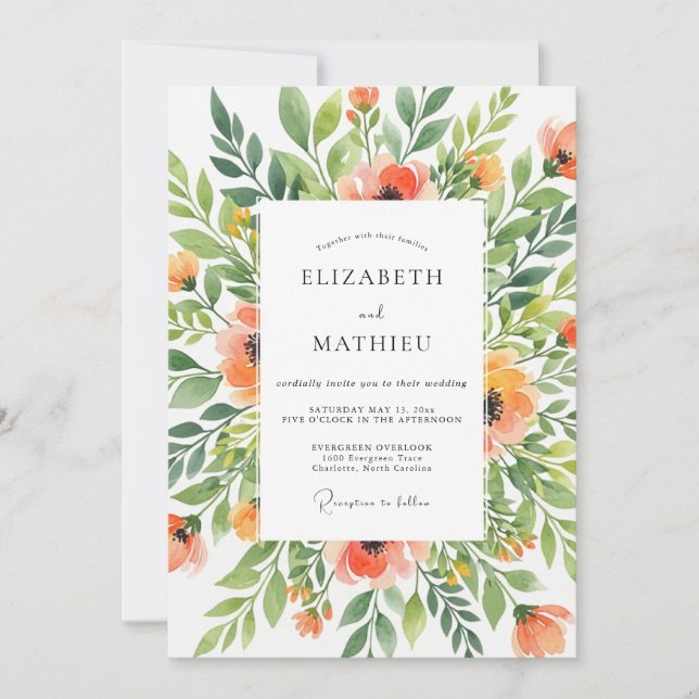 Convites Casamento Floral Coral Verdejante (Frente)
