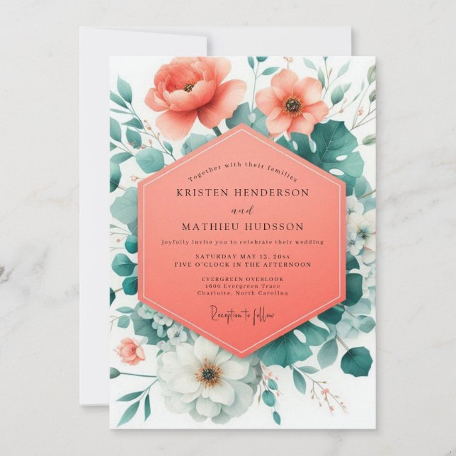 Convites Casamento Floral Coral Viridian (Frente)