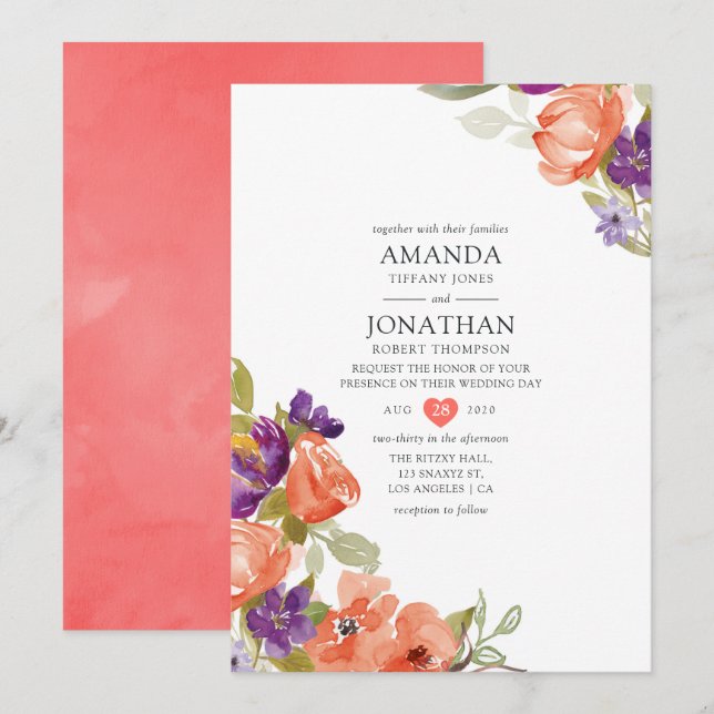Convites Casamento Floral Coral Vivo (Frente/Verso)