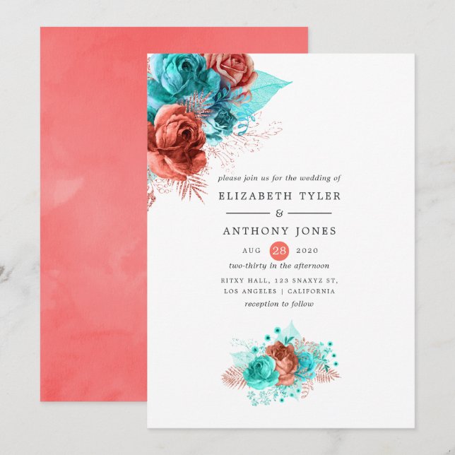 Convites Casamento Floral Coral Vivo e Turquesa (Frente/Verso)