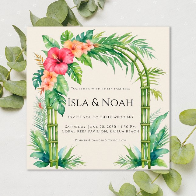 Convites Casamento Floral Costeira com Arco de Bambu Tropic (Criador carregado)