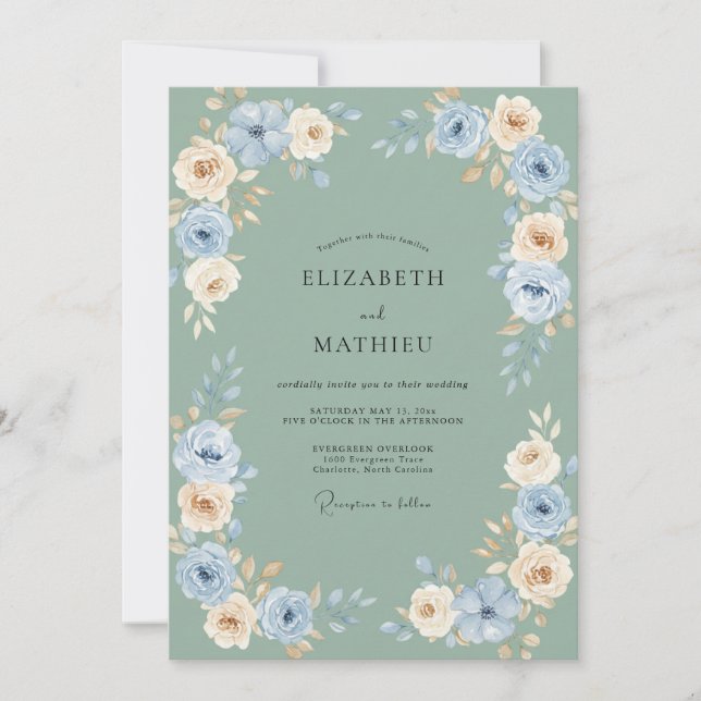 Convites Casamento Floral Creme Azul (Frente)