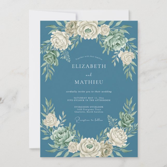Convites Casamento Floral Creme Azul Empoeirado (Frente)