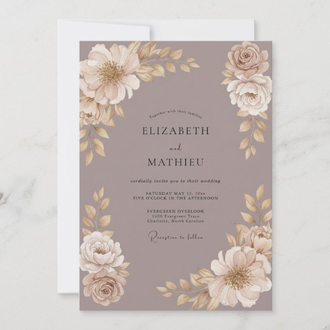 Convites Casamento Floral Creme Bege (Frente)