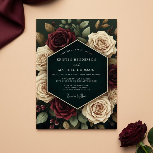 Convites Casamento Floral Creme Borgonha Romance (Criador carregado)