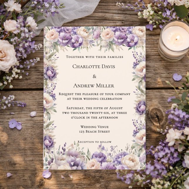 Convites Casamento floral creme champanhe lavanda (Criador carregado)