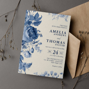Convites Casamento Floral Creme Clássico Elegante e Azul Fr